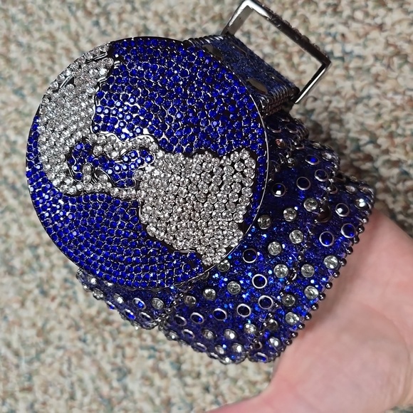Western Rhinestone Globe Belt Blue Silver Sparkly New Medium 46" - Picture 3 of 5